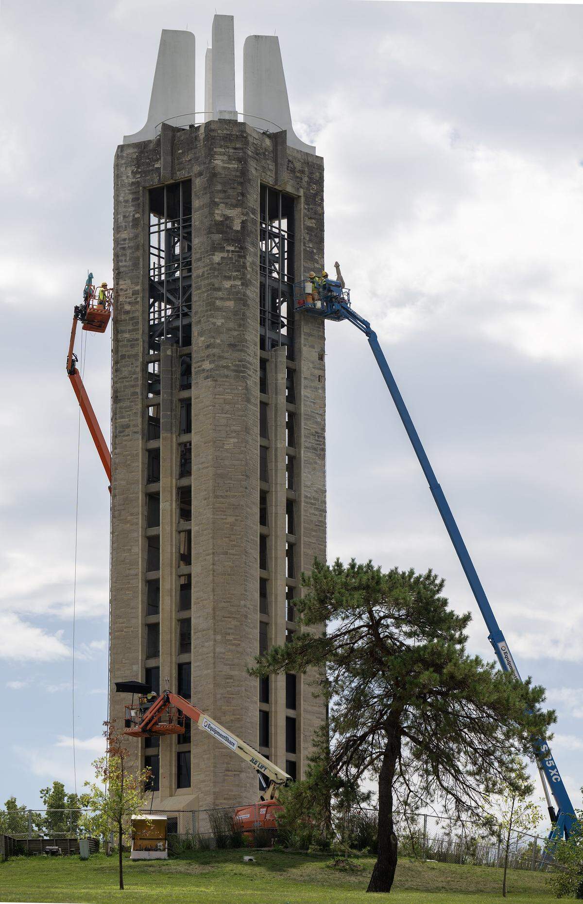 Crews worked on renovations on the Campanile Bell Tower on Monday, August 18, 2025, at the University of Kansas campus in Lawrence.  The repairs and upgrades are expected to be completed this fall. The project will include repointing mortar joints, replacing damaged stones, and repairing, cleaning, and sealing all of the stones. Additionally, crews will replace the roof, electrical wiring, and lighting, while also removing rust from the steel bell supports before priming and painting them. The School of Music will handle the refurbishment of the carillon keyboard and bell cables.