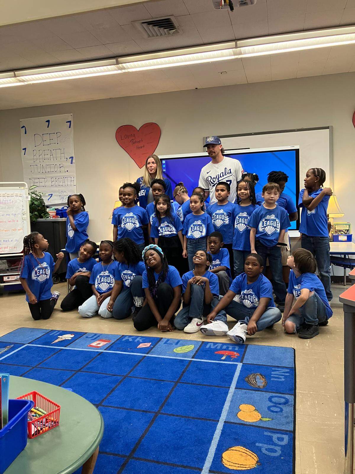 Royals star Bobby Witt Jr. poses with students at Ingels Elementary in the Hickman Mills School District in Kansas City, Missouri, on May 5, 2026.