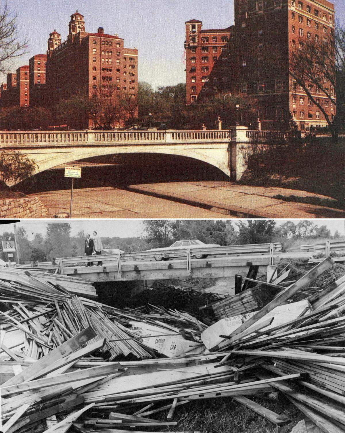 The danger of a low bridge during a flood. KANSAS CITY PUBLIC LIRBARY