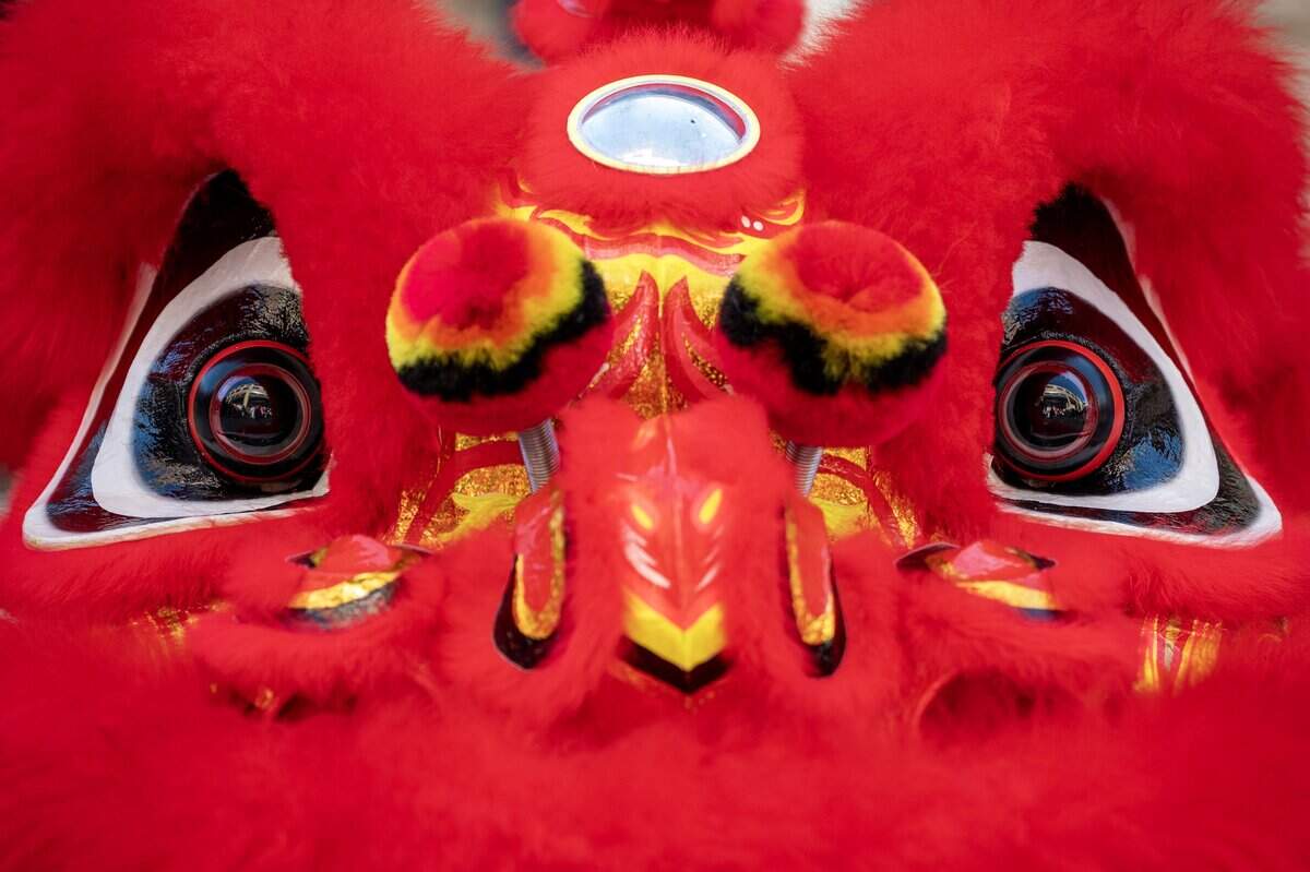 A lion dance head is seen during a Lunar New Year celebration at the Lenexa Public Market on Sunday, Feb. 22, 2026, in Lenexa.