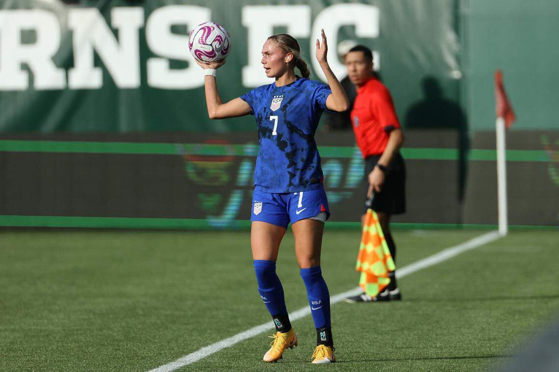 Ellie Wheeler prepares to throw in the ball during a U.S. Under-23 Women’s National Team match against Racing Louisville last spring in Louisville, Ky.