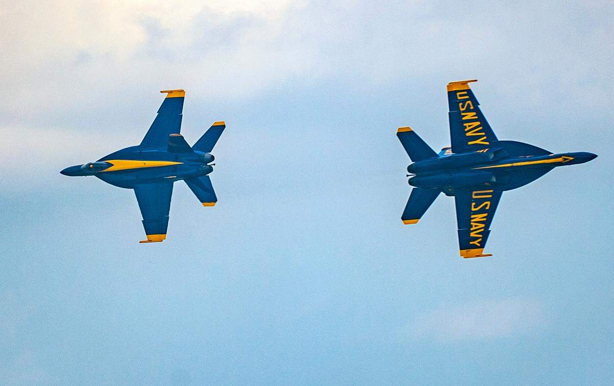 The U.S Navy Blue Angels flying in the F/A-18E/F Super Hornets performed aerial maneuvers at the KC Air Show Saturday, July 3, at the New Century AirCenter in Gardner, Kansas. 