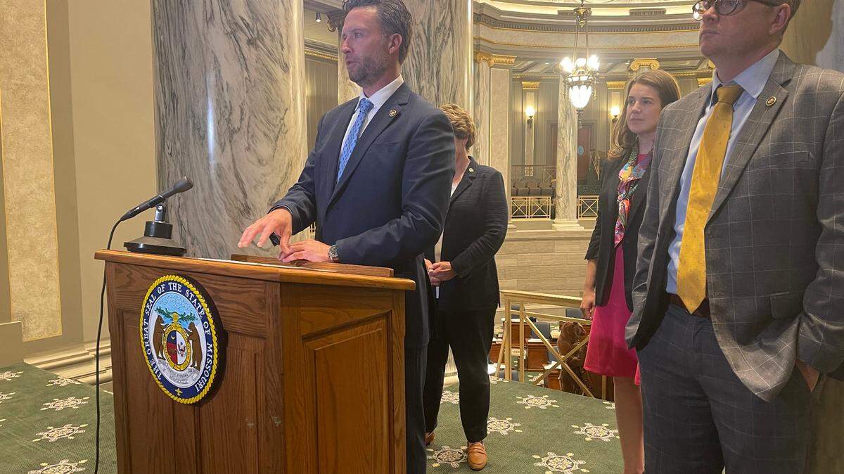 Missouri Senate Appropriations Chair Sen. Lincoln Hough, a Springfield Republican, talks to reporters on May 9, 2024 after the Senate approved its version of the state budget for the next fiscal year. Hough was joined by, left to right, Majority Floor Leader Cindy O’Laughlin from Shelbina, Sen. Mary Elizabeth Coleman from Arnold and Senate President Pro Tem Caleb Rowden from Columbia.