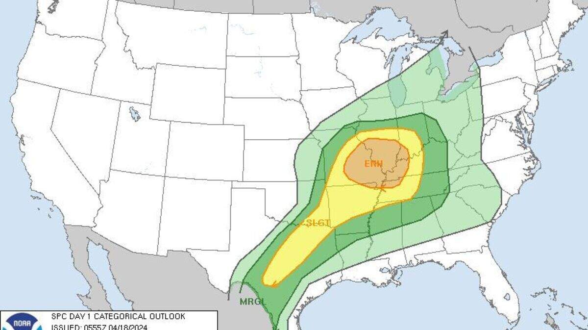 Strong to severe storms will be possible across the central part of the U.S., including the Ozarks, according to the National Weather Service’s Storm Prediction Center. The Kansas City area is at a marginal risk of severe weather.