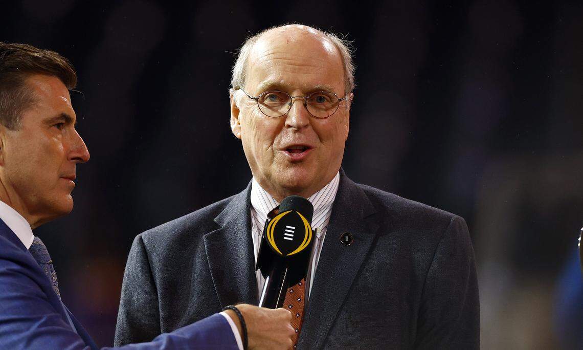 Bill Hancock, pictured during a 2023 interview, was director of the NCAA Division I Men’s Basketball Championship from 1989 until 2005, when he joined football’s Bowl Championship Series and then became executive director of the College Football Playoff. He retired in February 2025.