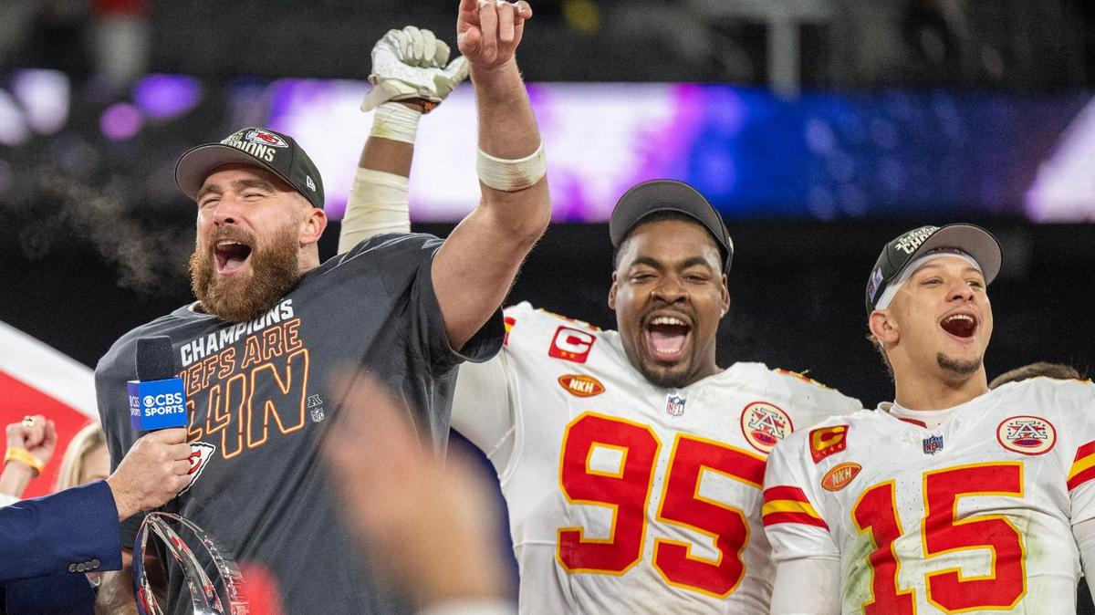 Kansas City Chiefs tight end Travis Kelce (87), left, celebrates with teammates defensive tackle Chris Jones (95) and quarterback Patrick Mahomes (15) after defeating the Baltimore Ravens 17-10 in the AFC Championship Game at M&T Bank Stadium on Sunday, Jan. 28, 2024, in Baltimore.