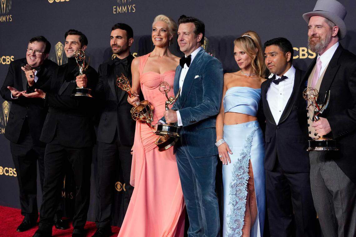 Phil Dunster, Bill Lawrence, Brett Goldstein, Hannah Waddingham, Jason Sudeikis, Juno Temple, Nick Mohammed and Brendan Hunt, winners of Outstanding Comedy Series for ‘Ted Lasso’, in the press room at the 73rd Emmy Awards at L.A. Live in 2021.