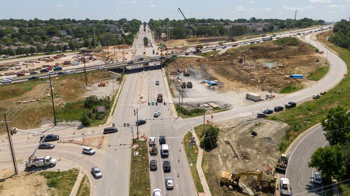 Construction of express lanes on the U.S. 69 expansion project in Overland Park is ongoing and later this month, the ramps to 119th Street, seen here on in June 2024, will close and are expected to be closed for 120 days. This photo is looking east along 119th Street, just west of U.S. 69 Highway.