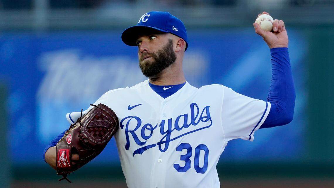 Kansas City Royals starting pitcher Danny Duffy throws during the first inning of a baseball game against the Tampa Bay Rays, Monday, April 19, 2021, in Kansas City, Mo. (AP Photo/Charlie Riedel)