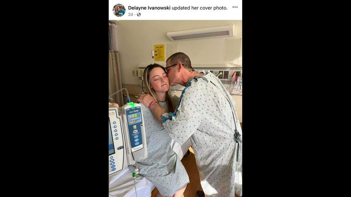 Delayne Ivanowski and her dad, John Ivanowski, after she revealed herself as his kidney donor.