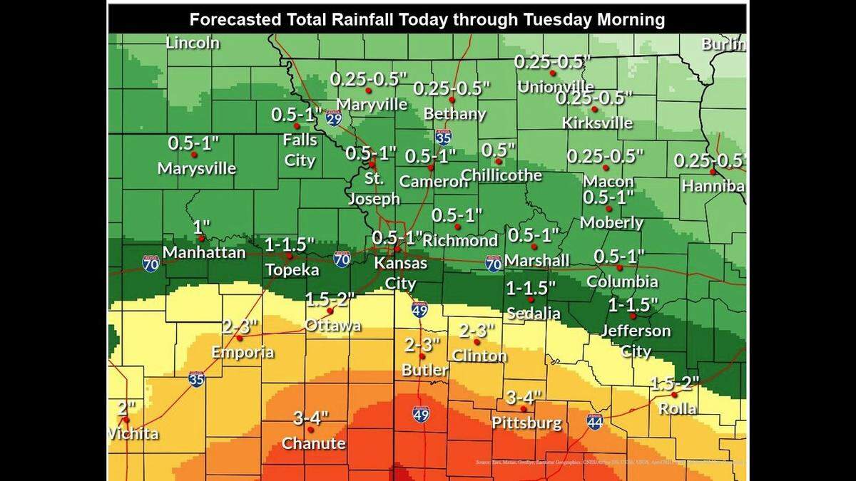 It will be a wet Memorial Day weekend across the Kansas City area as multiple rounds of storms will push through area, bringing heavy rainfall at times, according ot the National Weather Service. The heavier rainfall will be south of the metro area.