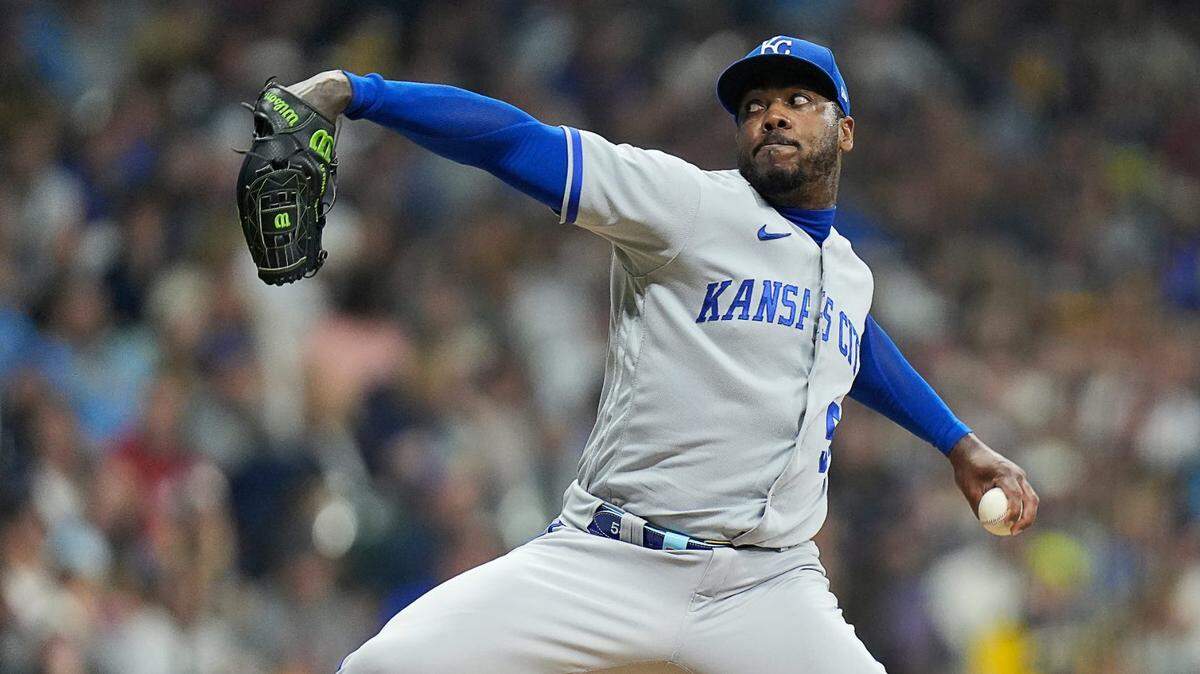 Kansas City Royals relief pitcher Aroldis Chapman threw three of the 10 fastest pitches during the eighth inning against the Milwaukee Brewers on Saturday at American Family Field in Milwaukee, Wisconsin.
