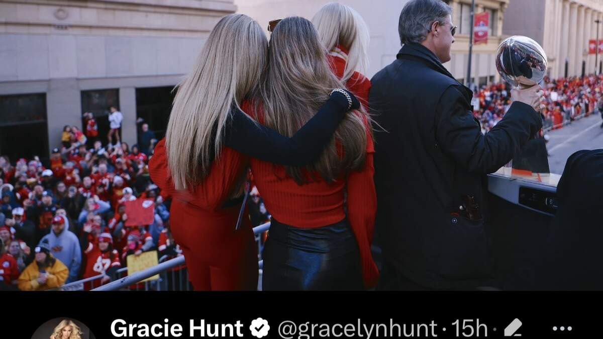 Gracie Hunt, daughter of Kansas City Chiefs CEO and chairman Clark Hunt, posted a message to Kansas City after a mass shooting at the Chiefs Super Bowl rally Wednesday. Here she is on the left with her sister, Ava Hunt and their parents, Tavia and Clark Hunt, standing in front.