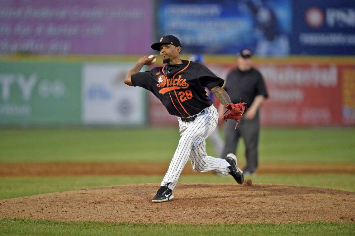 Relief pitcher Jose Cuas delivers a pitch for the Long Island Ducks of the independent Atlantic League. A former infielder in the Milwaukee Brewers farm system, he converted into a pitcher and then had to go through independent ball before making it to the majors.