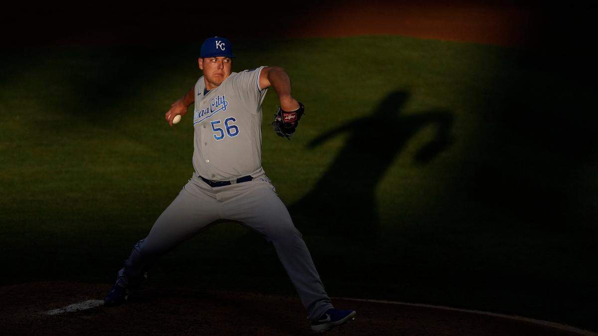 Kansas City Royals starting pitcher Brad Keller (56) pitches during the second inning of a baseball game against the Los Angeles Angels Wednesday, June 9, 2021, in Los Angeles, Calif. (AP Photo/Ashley Landis)
