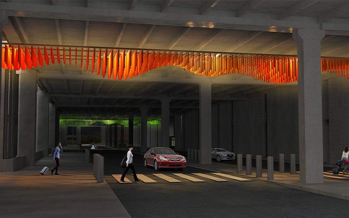 “Sky Prairie” is the title of the artwork by artist Jill Anholt will be located on the Arrivals Roadway Underpass. She drew her inspiration for the work from the unique natural landscape of Kansas City — the rolling hills and stunning grasses that cover them in hues of gold and orange.