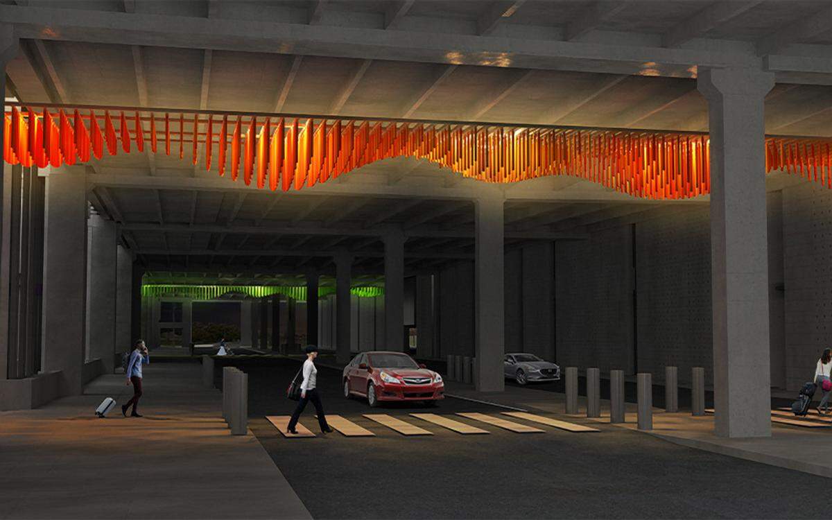 “Sky Prairie” is the title of the artwork by artist Jill Anholt will be located on the Arrivals Roadway Underpass. She drew her inspiration for the work from the unique natural landscape of Kansas City — the rolling hills and stunning grasses that cover them in hues of gold and orange.