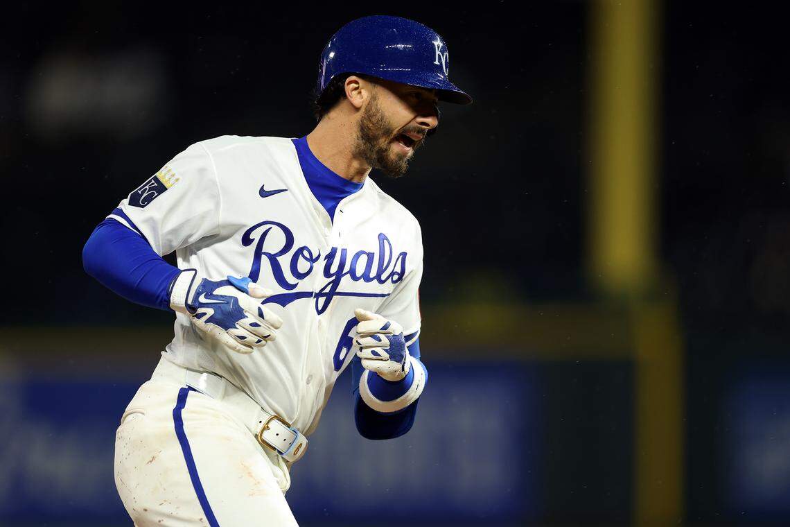 Jonathan India of the Kansas City Royals rounds the bases after hitting a grand slam during the sixth inning of the game against the Minnesota Twins at Kauffman Stadium on April 01, 2026 in Kansas City, Missouri.