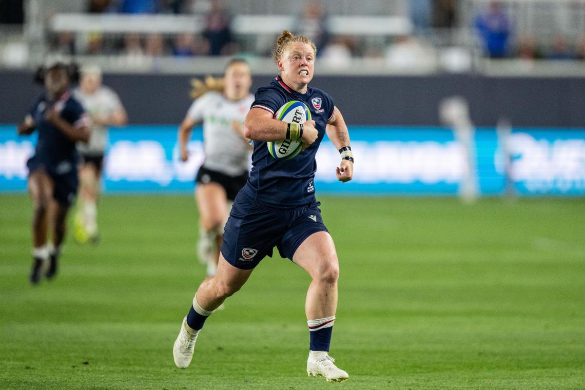 A team USA player sprints for a score in the USA vs. Canada rugby match at CPKC Stadium on Friday, May 2, 2025. Canada won the match 26-14.