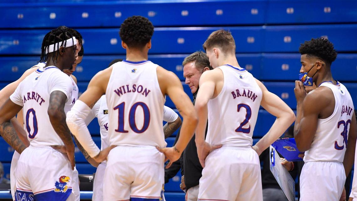 Kansas coach Bill Self, middle, and his Jayhawks couldn’t do much of anything right and fell 84-59 to Texas on Saturday at Allen Fieldhouse. It tied the all-time record for worst defeat at Allen Fieldhouse.