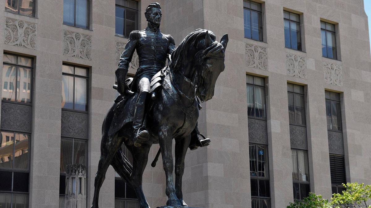 A statue of Andrew Jackson stands in front of the Jackson County Courthouse in downtown Kansas City.