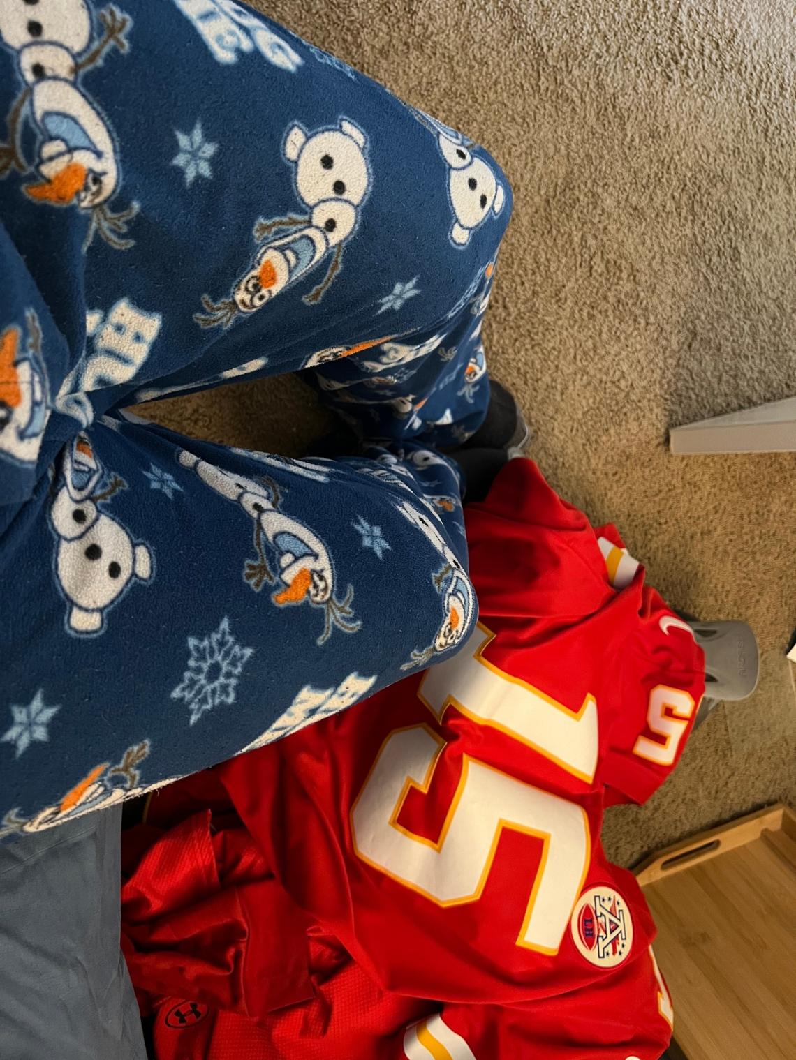 Joshua Finch received these Disney-themed pajama pants from someone at the hospital during his time there. It was at the same time the Chiefs won Super Bowl LIV, and he wears these every game for good luck.