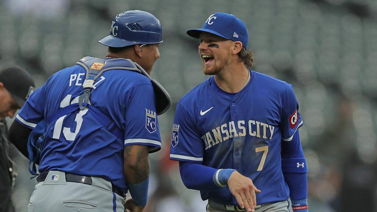 Kansas City Royals catcher Salvador Perez (13) and shortstop Bobby Witt Jr. (7) celebrate the team’s win over the Chicago White Sox after game one of a double header at Guaranteed Rate Field on Apr 17, 2024 in Chicago, Illinois, USA. M