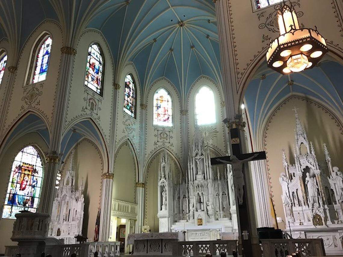 The altar and interior of Our Lady of Perpetual Help Parish Redemptorist Church, where designer Kate Spade's funeral was held on June 21, 2018.