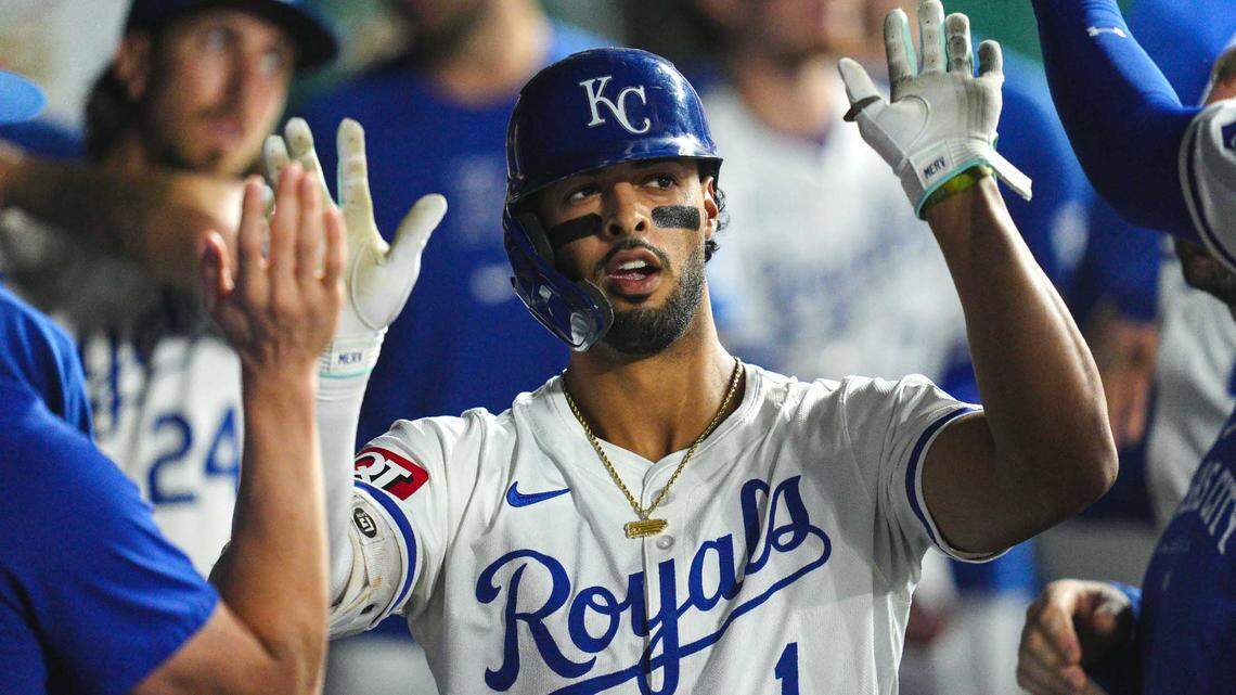 Kansas City Royals left fielder MJ Melendez (1) is congratulated by teammates after hitting a home run during the sixth inning against the Los Angeles Angels at Kauffman Stadium.