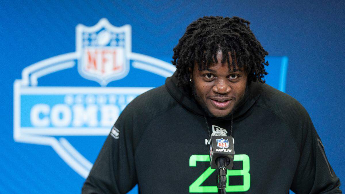 University of Missouri offensive lineman Armand Membou (OL28) answers questions at a press conference during the 2025 NFL Combine at Indiana Convention Center on March 1, 2025.