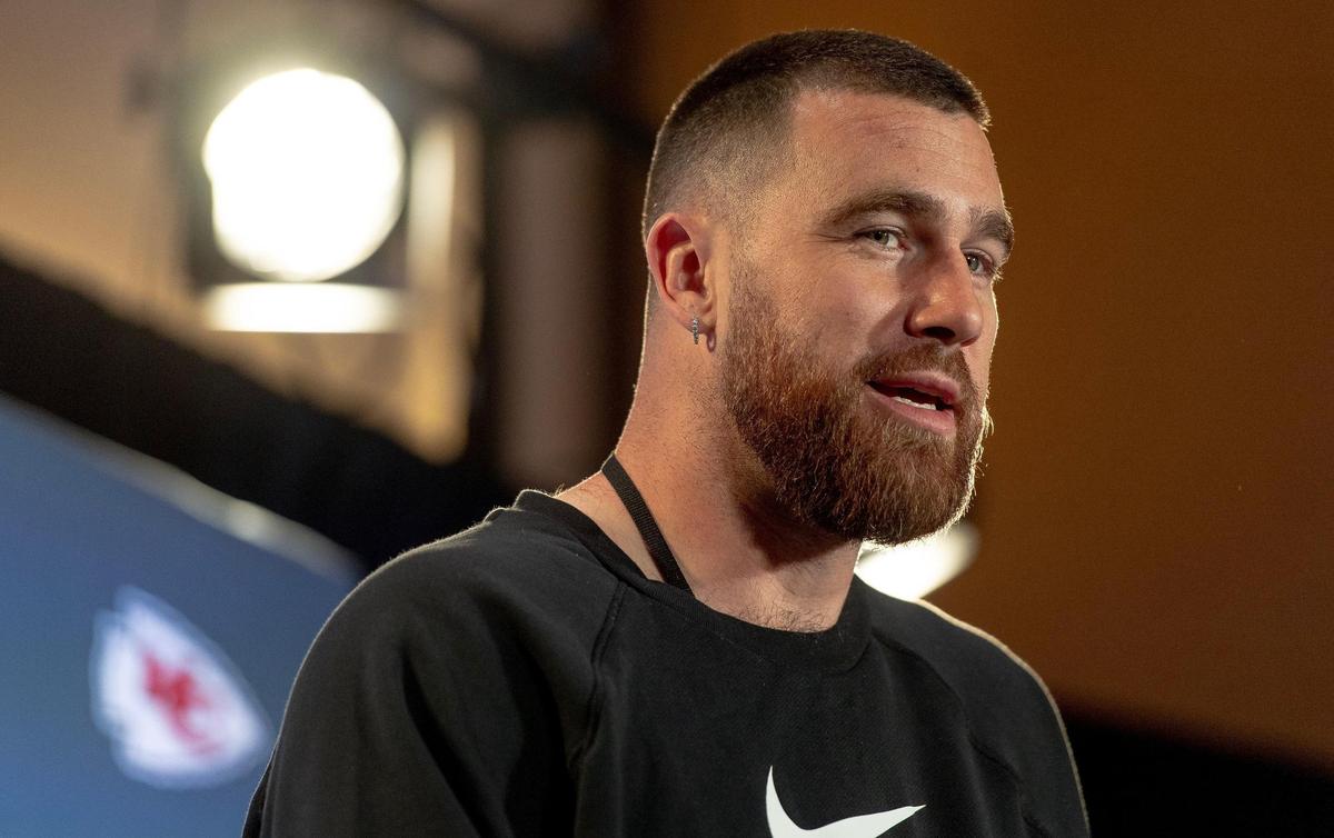 Kansas City Chiefs tight end Travis Kelce speaks during the team’s media availability on Thursday, Feb. 9, 2023, in Scottsdale, Ariz.