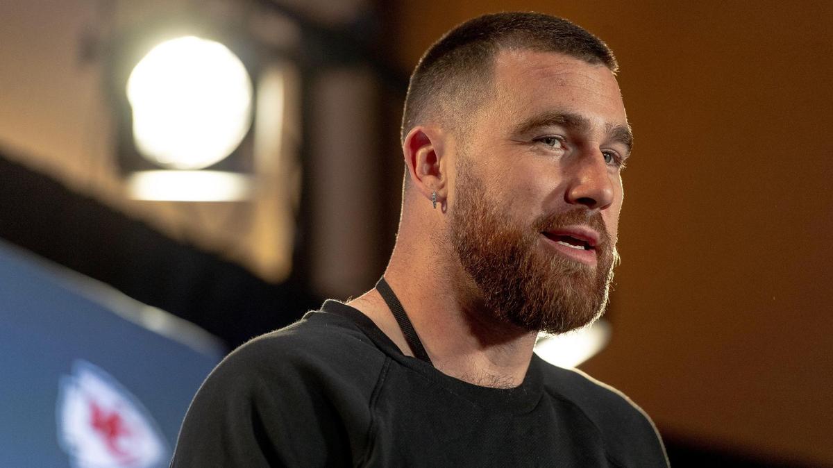 Kansas City Chiefs tight end Travis Kelce speaks to the media before the Super Bowl in February in Scottsdale, Arizona. Kelce starred in the 2016 realty dating show “Catching Kelce.”