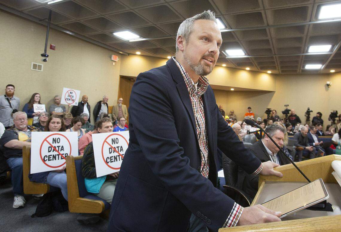 Daniel Moorehead, who lives on Bly Road near the proposed site of the Nebius AI data center, spoke in opposition of the center Monday, March 2, 2026, as the Independence City Council prepared to vote on a tax incentive plan for Nebius.