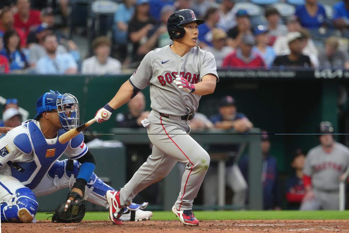 Boston’s Masataka Yoshida lines out in the sixth inning of a game against the Royals at Kauffman Stadium in Kansas City on Monday, May 18, 2026.