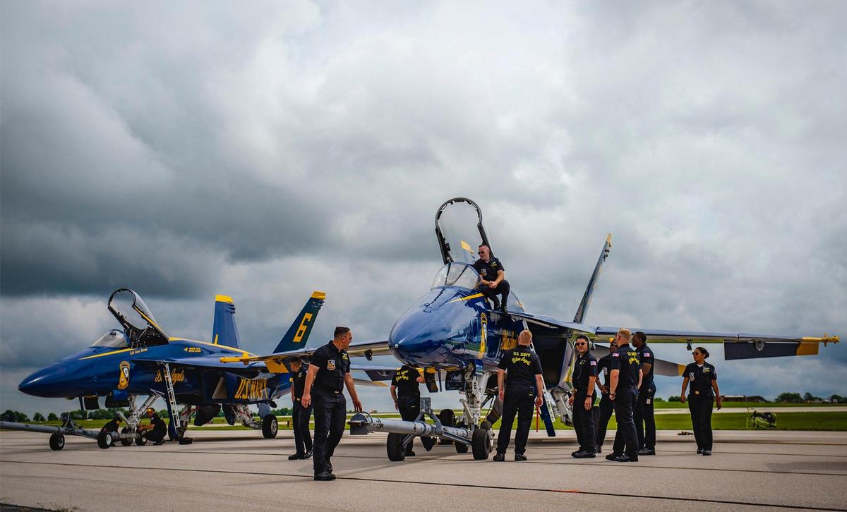 Members of the maintenance team worked after the U.S. Navy Blue Angels arrived at the New Century AirCenter Thursday, July 1, preparation for the 2021 KC Air Show on Saturday and Sunday. Last year’s air show was canceled due to the pandemic.