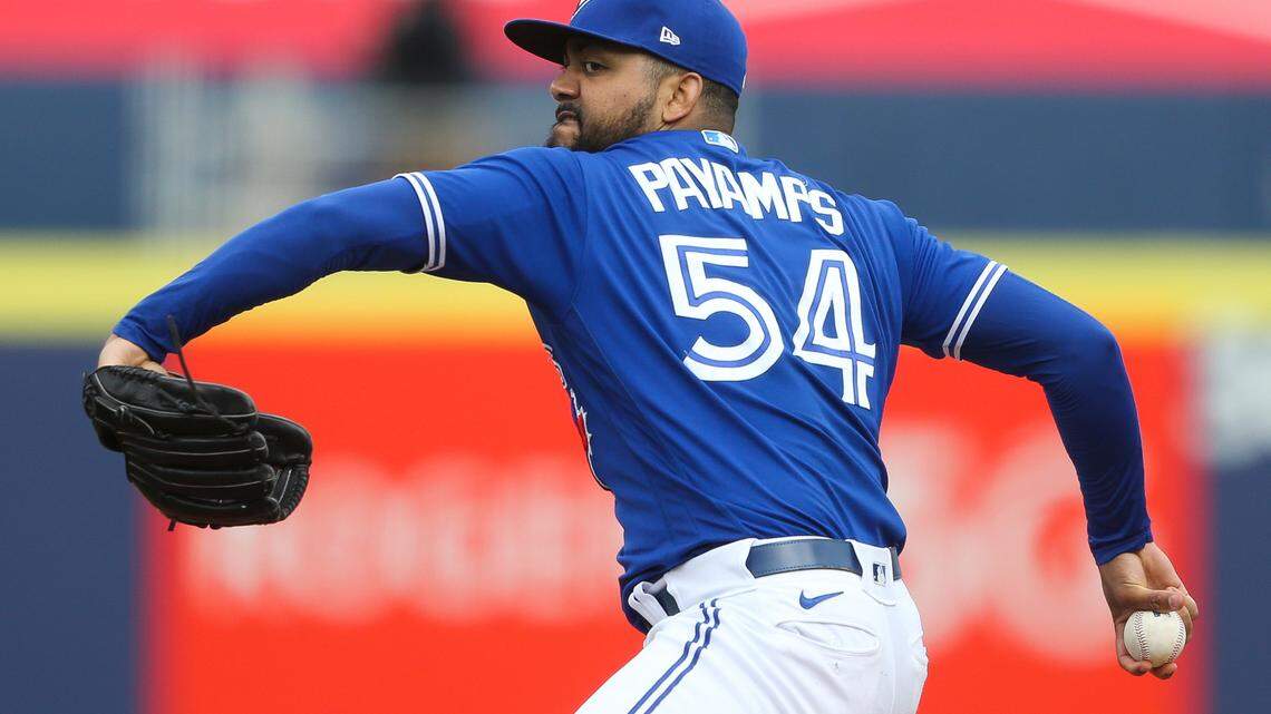 Toronto Blue Jays relief pitcher Joel Payamps (54) throws during the ninth inning of the baseball game against the Baltimore Orioles in Buffalo, N.Y., Saturday, June 26, 2021. (AP Photo/Joshua Bessex)