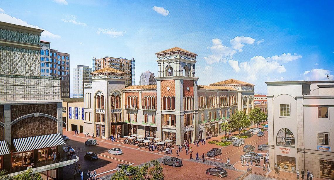A rendering showing the future look of 460 Nichols Road, where Saks Fifth Avenue once was and where a Nike store currently sits. The renderings are concepts of how The Village Collection, formerly HP Village Partners of Dallas, hopes to transform the Country Club Plaza.