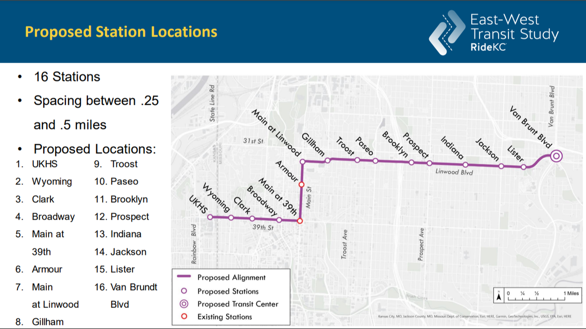 A screenshot of the proposed East-West KC Streetcar route.