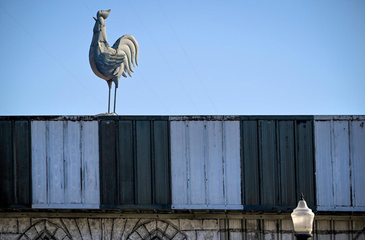 A rooster gazes out at Dogpatch from its perch on the roof of The Spott.