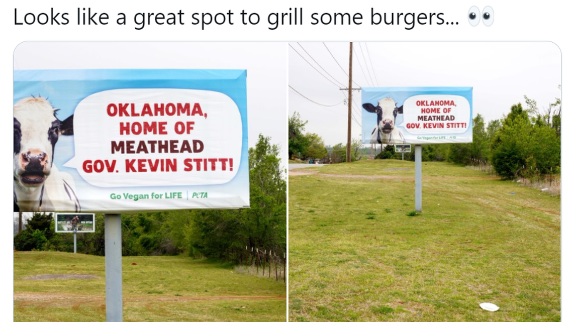 PETA put up a billboard calling the governor of Oklahoma a “meathead,” and he planned a cookout right next to it in response.