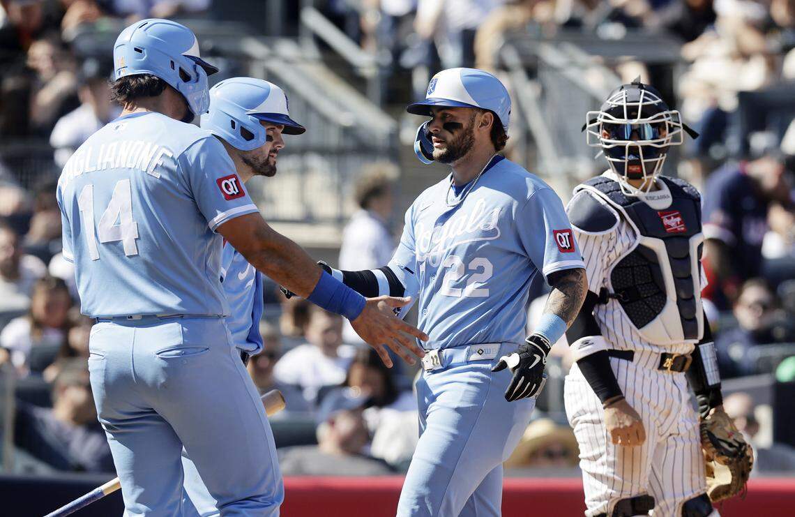 Royals slugger Carter Jensen, center, celebrates his seventh-inning two-run homer with teammate Jac Caglianone as J.C. Escarra, right, looks on at Yankee Stadium on April 18, 2026 in New York City.
