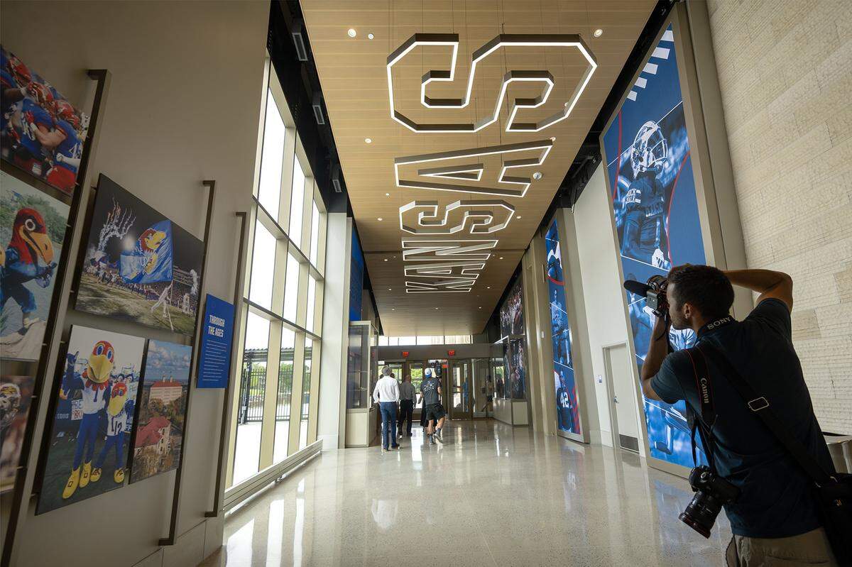 Kansas is spelled out on the ceiling inside the renovated David Booth Kansas Memorial Stadium.