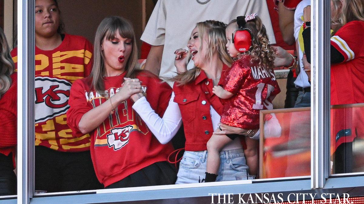 Taylor Swift and Brittany Mahomes don’t hold back their enthusiasm when watching Chiefs games. Here they had a special handshake during the Chiefs game against the Los Angeles Chargers on Oct. 22.