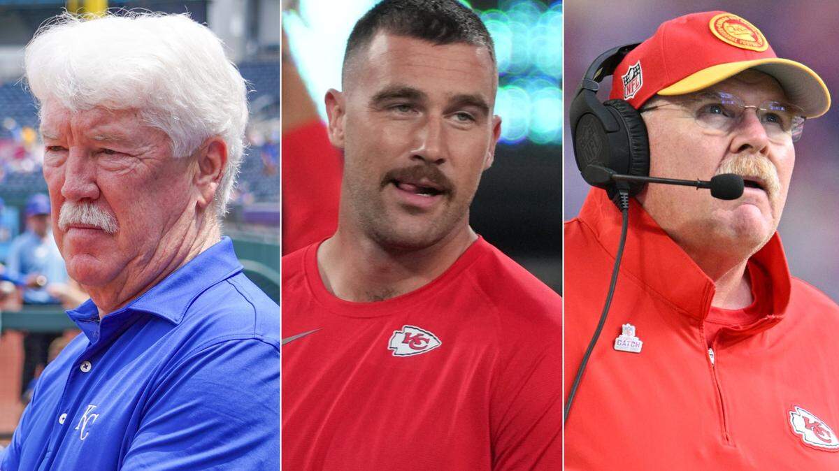 The Royals’ offseason is here and it’s time to talk about ways the club might improve before opening day 2024 ... and also the sweet mustaches of (from left) owner John Sherman, Chiefs tight end Travis Kelce and Chiefs head coach Andy Reid.