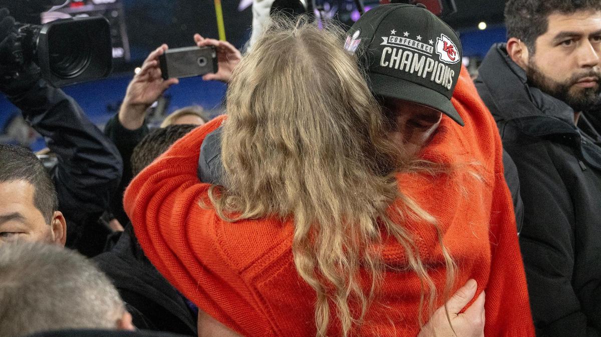 Photos of Chiefs tight end Travis Kelce hugging Taylor Swift after the AFC Championship Game Sunday were among the most popular social media posts about the game.