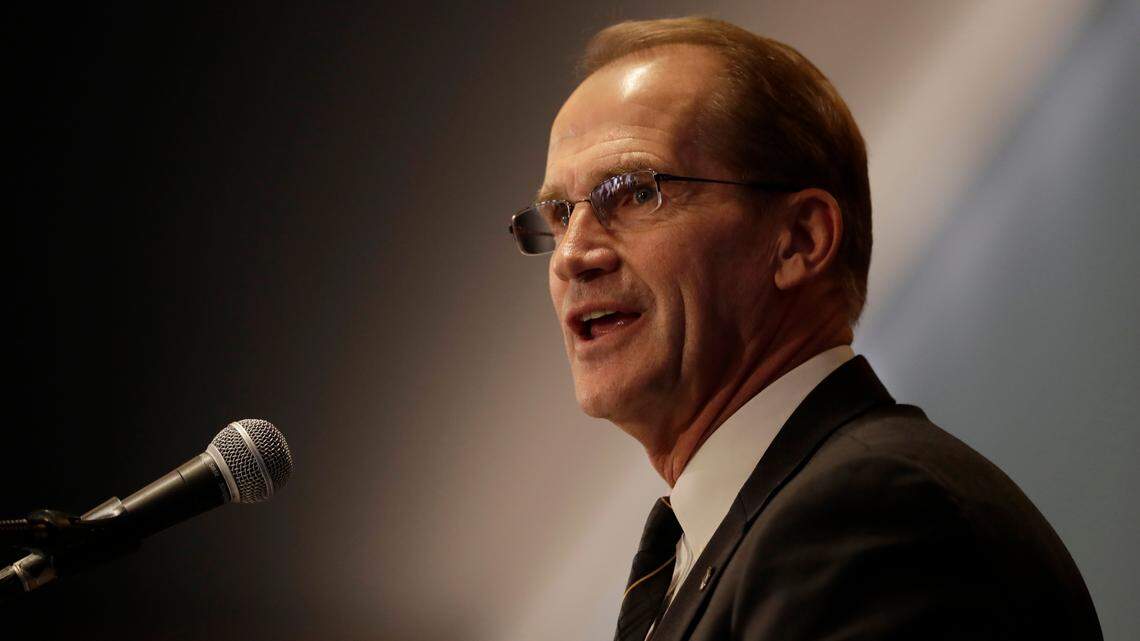Missouri athletics director Jim Sterk speaks during a news conference to introduce Eliah Drinkwitz as the new head football coach at the University of Missouri Tuesday, Dec. 10, 2019, in Columbia, Mo. Drinkwitz becomes the 33rd head football coach at Missouri after coaching the 2019 season at Appalachian State. (AP Photo/Jeff Roberson)