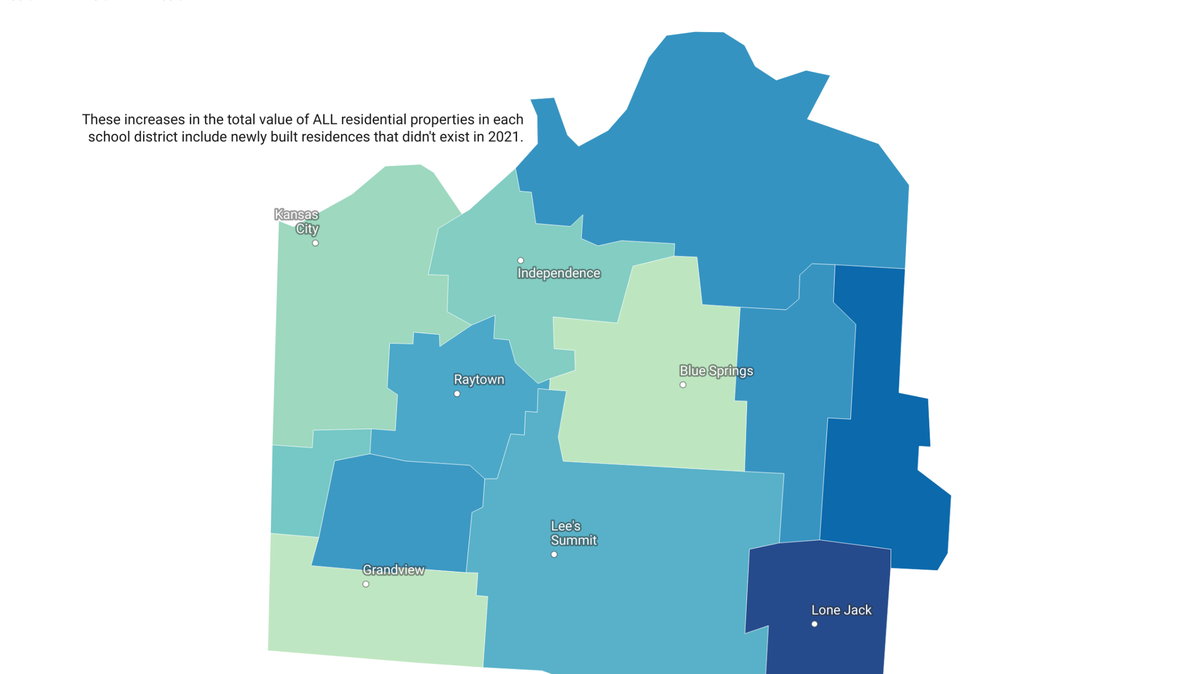This map compares the total increases in the value of property by school district in Jackson County between 2021 and 2023. An interactive version of this map is available in the article below.