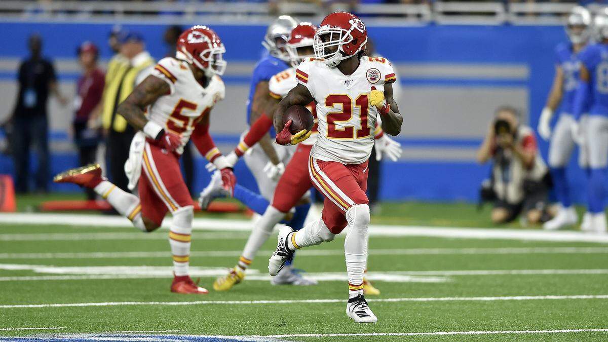 Kansas City Chiefs defensive back Bashaud Breeland (21) runs for a 100-yard touchdown after a Lions fumble during the third quarter of the Kansas City Chiefs game against the Detroit Lions at Ford Field Sunday, Sept. 29, 2019. The Chiefs beat the Lions 34-30.
