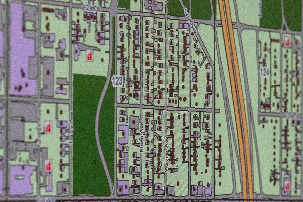 A map of a section of the city where 911 calls can be made in the Professional Development and Research Bureau of the KCPD headquarters on Thursday, April 17, 2025. This is where 911 call takers practice receiving calls to 911.