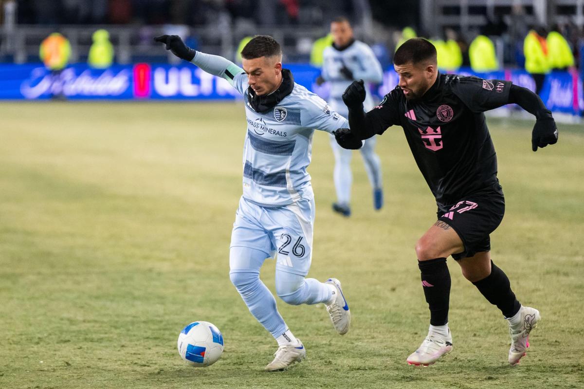 Sporting KC captain and midfielder Erik Tommy possesses the ball in the second half of the Concacaf Champions Cup match of Sporting KC vs. Inter Miami CF on Wednesday, Feb. 19, 2025, at Sporting Park.